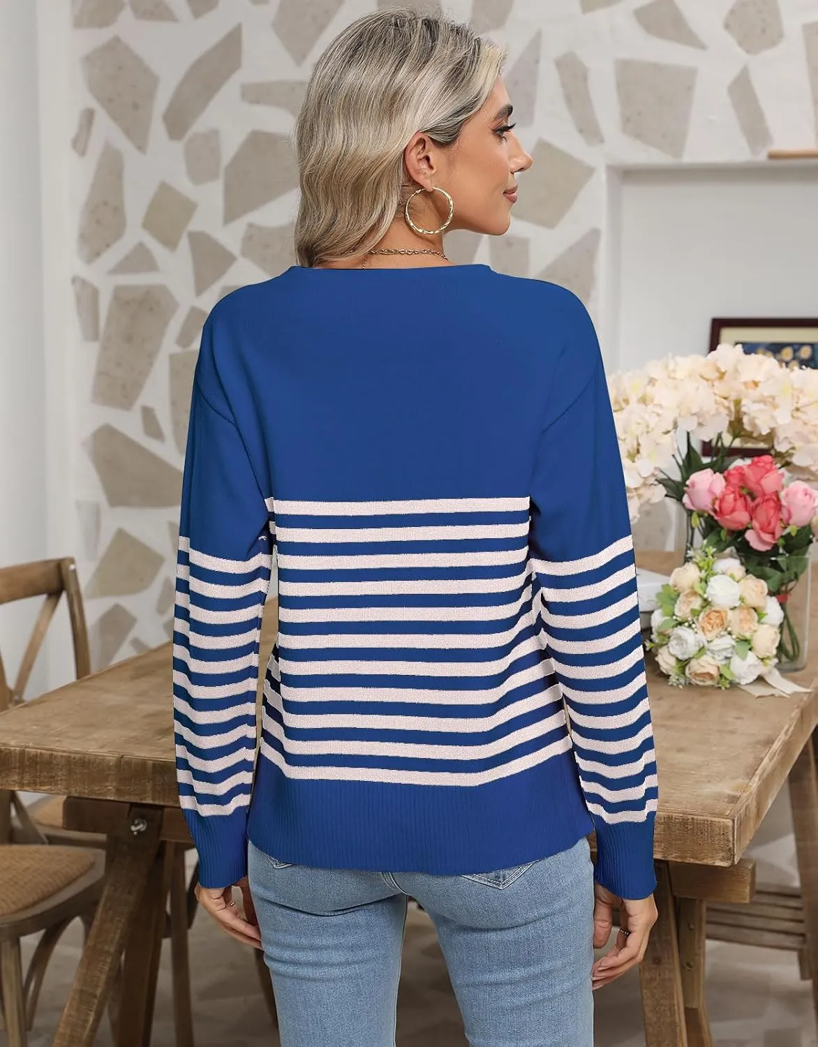 shermie Womens Stripes Sweaters Long Sleeve Crew Neck Casual Cute Heart Knitted Pullover Sweater