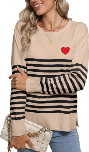 shermie Womens Stripes Sweaters Long Sleeve Crew Neck Casual Cute Heart Knitted Pullover Sweater