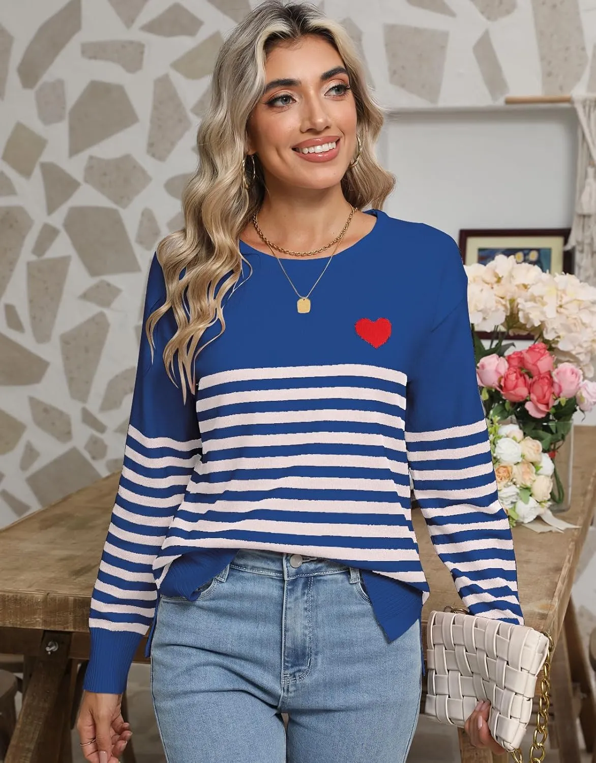 shermie Womens Stripes Sweaters Long Sleeve Crew Neck Casual Cute Heart Knitted Pullover Sweater