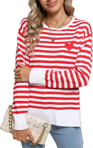 shermie Womens Stripes Sweaters Long Sleeve Crew Neck Casual Cute Heart Knitted Pullover Sweater