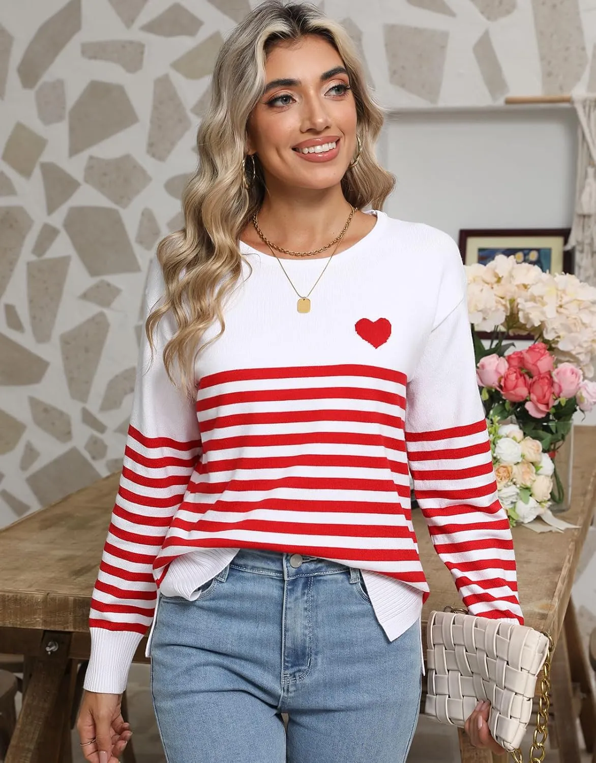 shermie Womens Stripes Sweaters Long Sleeve Crew Neck Casual Cute Heart Knitted Pullover Sweater