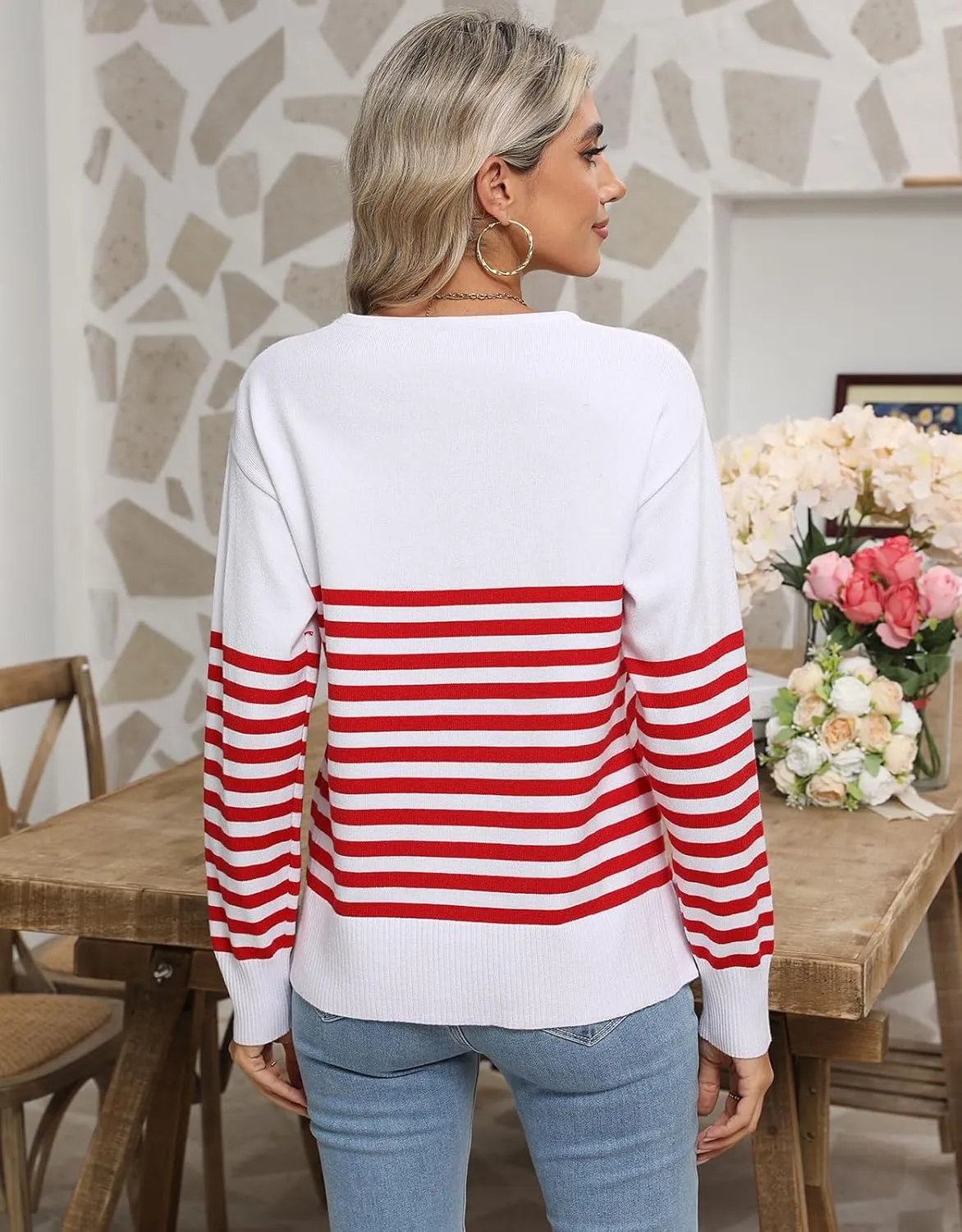 shermie Womens Stripes Sweaters Long Sleeve Crew Neck Casual Cute Heart Knitted Pullover Sweater