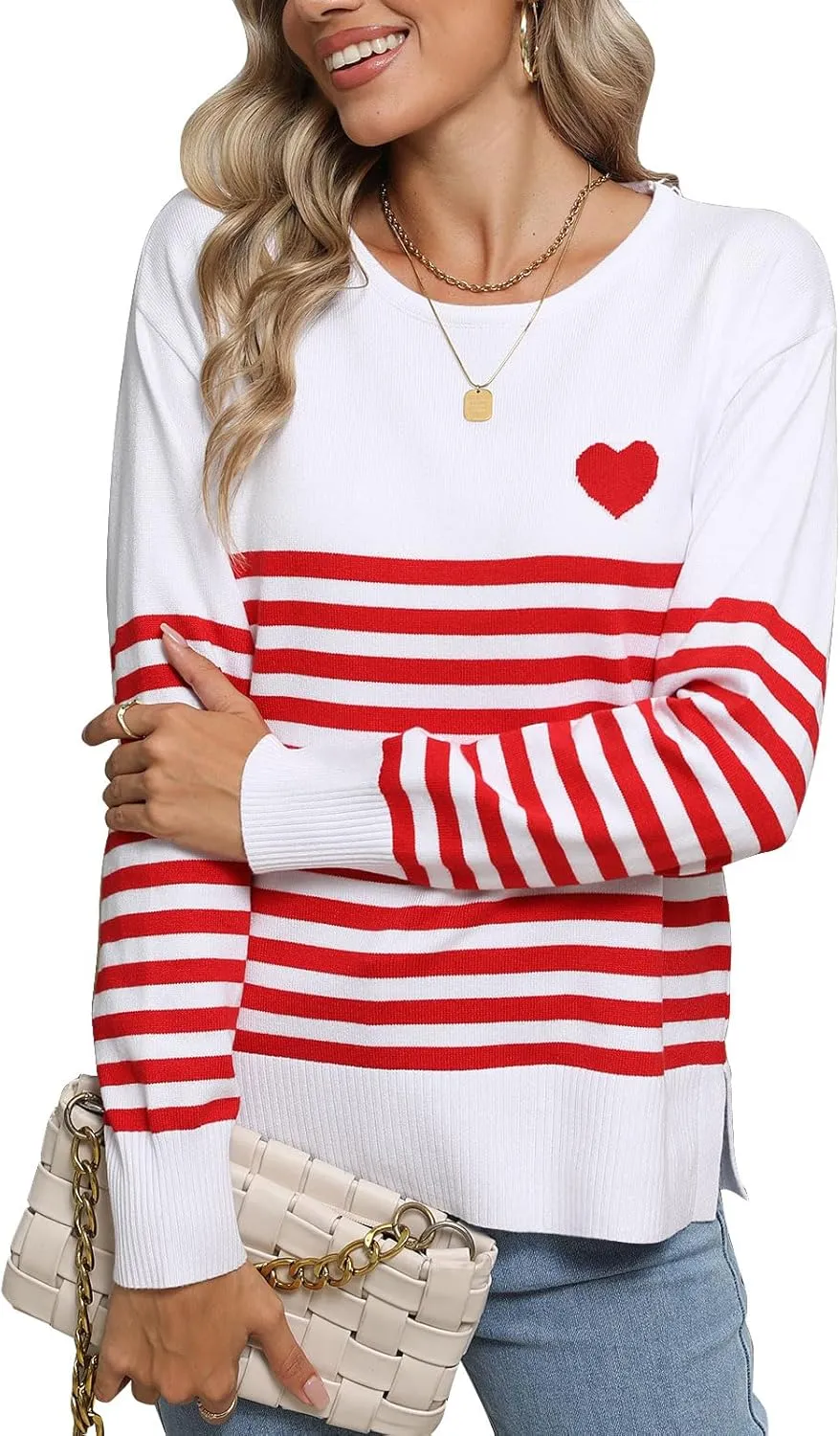 shermie Womens Stripes Sweaters Long Sleeve Crew Neck Casual Cute Heart Knitted Pullover Sweater