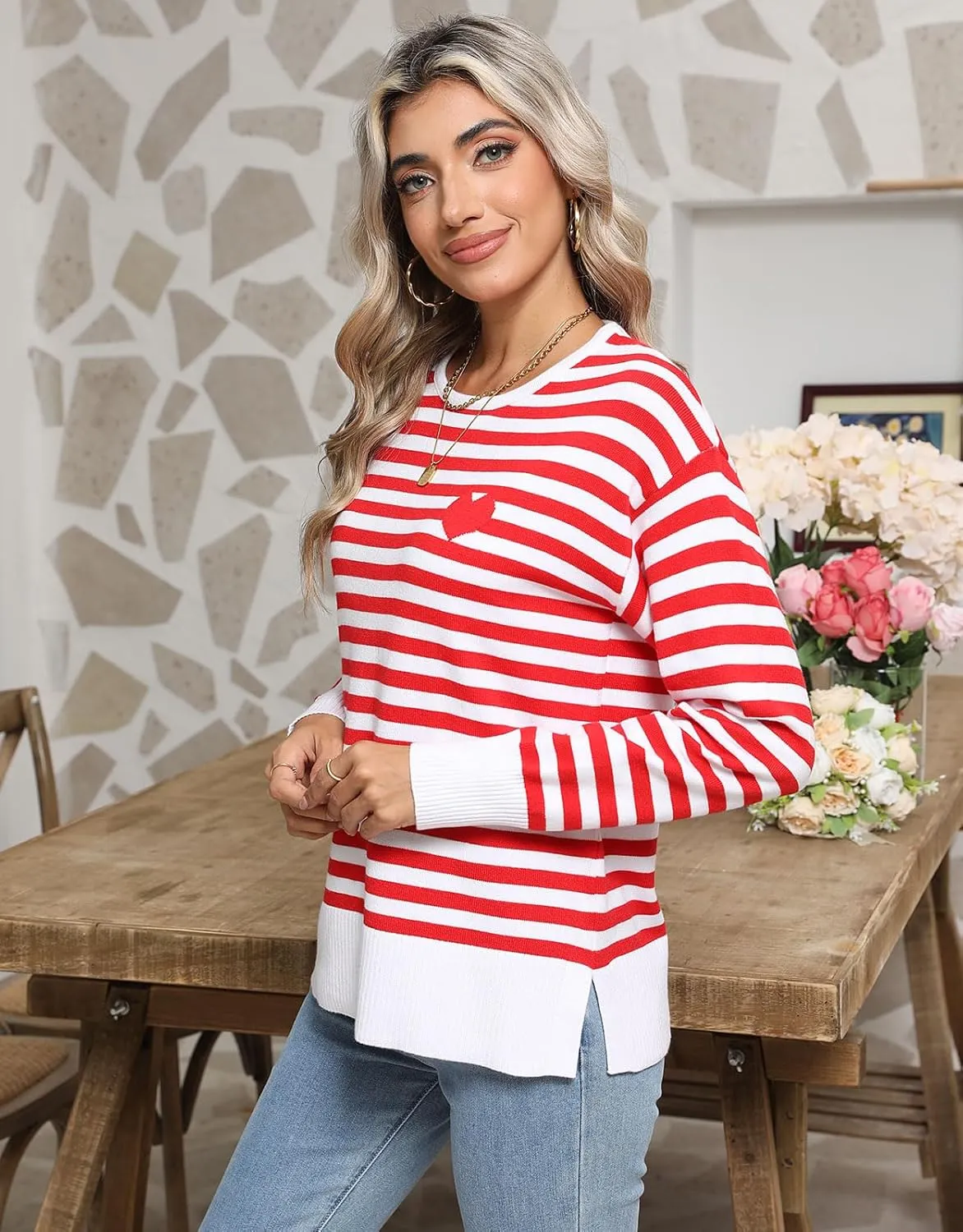 shermie Womens Stripes Sweaters Long Sleeve Crew Neck Casual Cute Heart Knitted Pullover Sweater