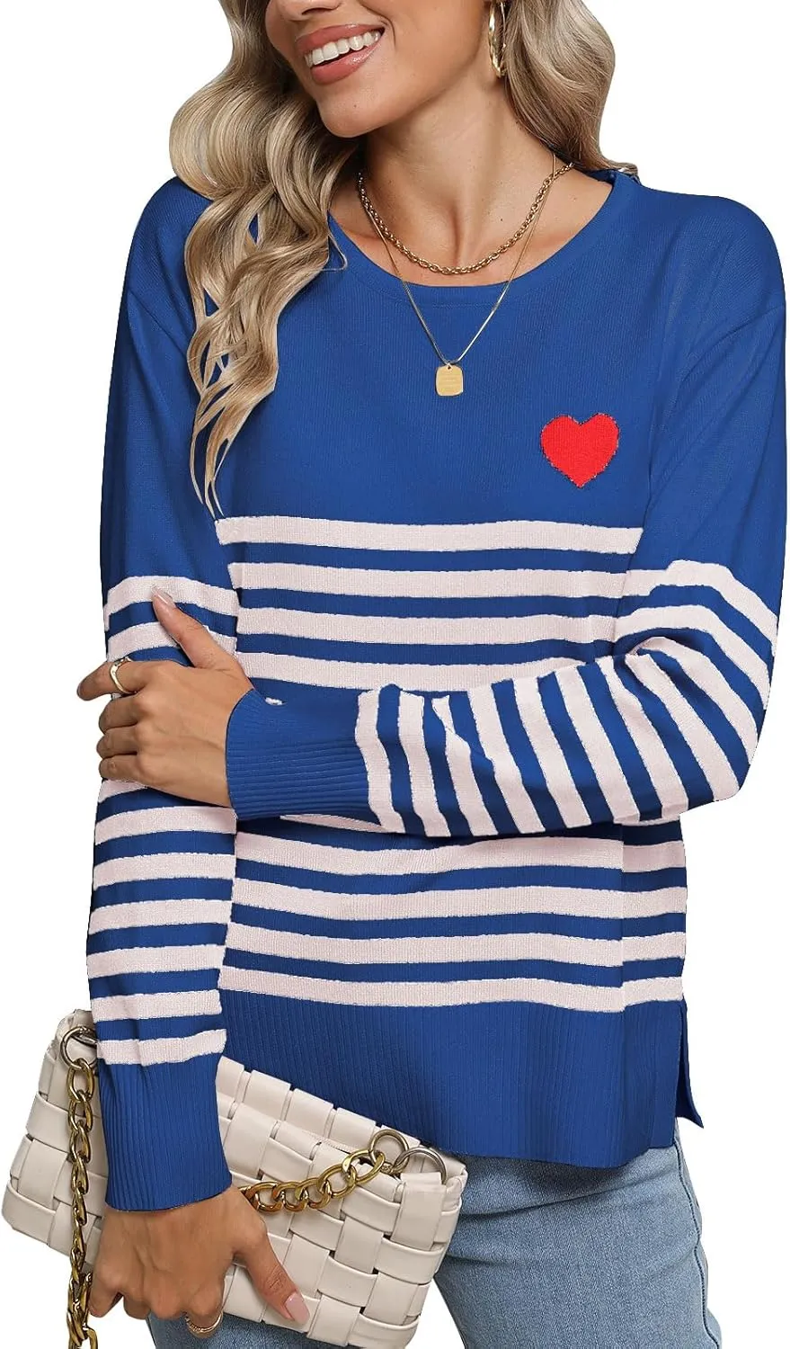 shermie Womens Stripes Sweaters Long Sleeve Crew Neck Casual Cute Heart Knitted Pullover Sweater