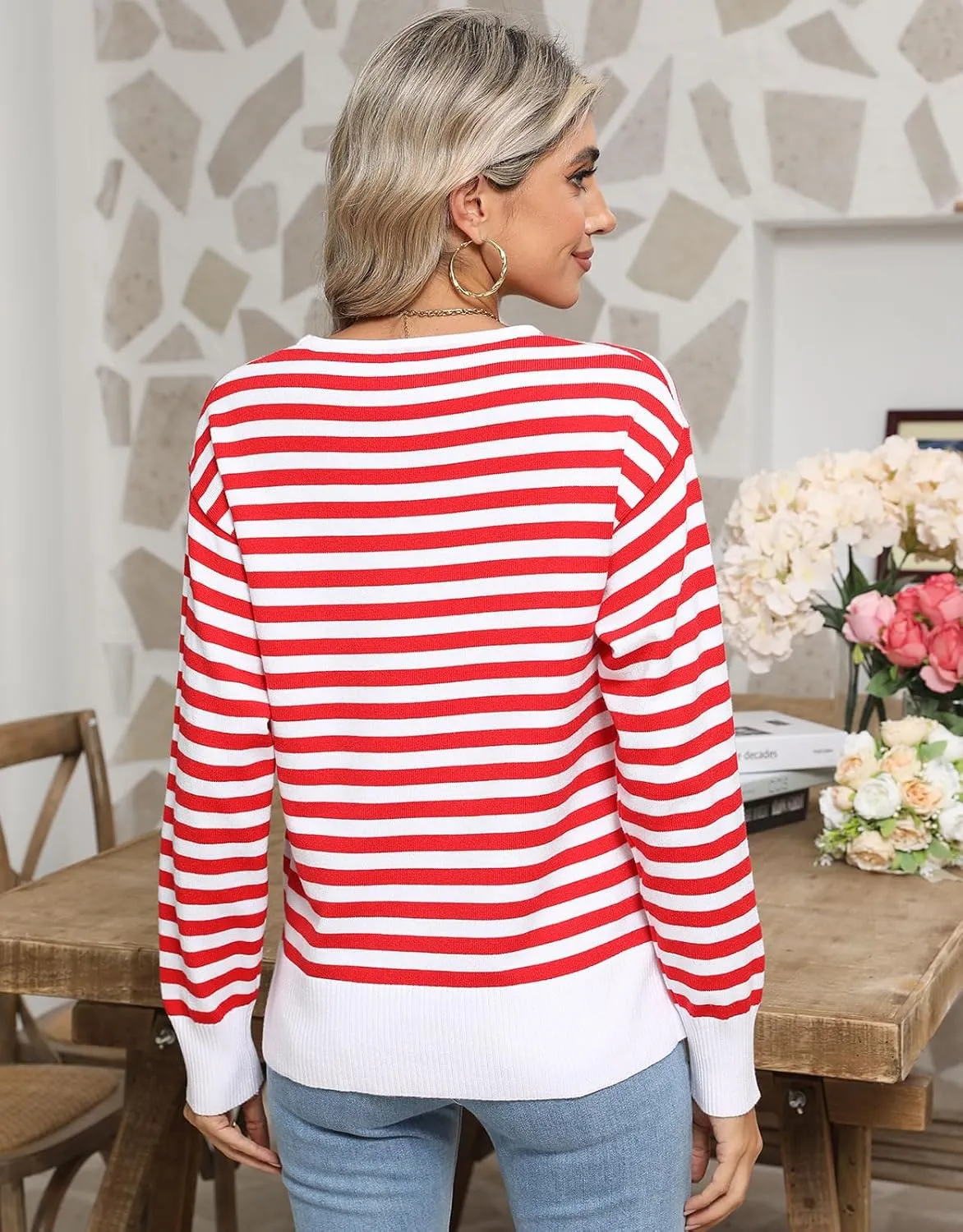 shermie Womens Stripes Sweaters Long Sleeve Crew Neck Casual Cute Heart Knitted Pullover Sweater