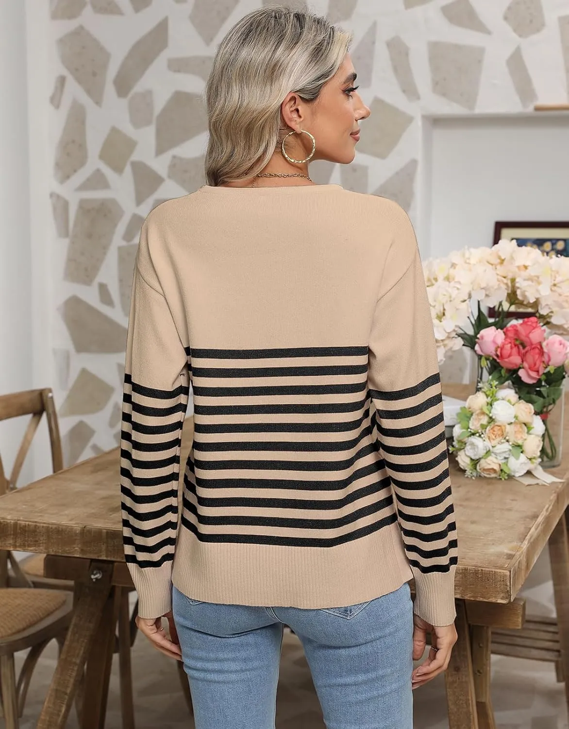 shermie Womens Stripes Sweaters Long Sleeve Crew Neck Casual Cute Heart Knitted Pullover Sweater