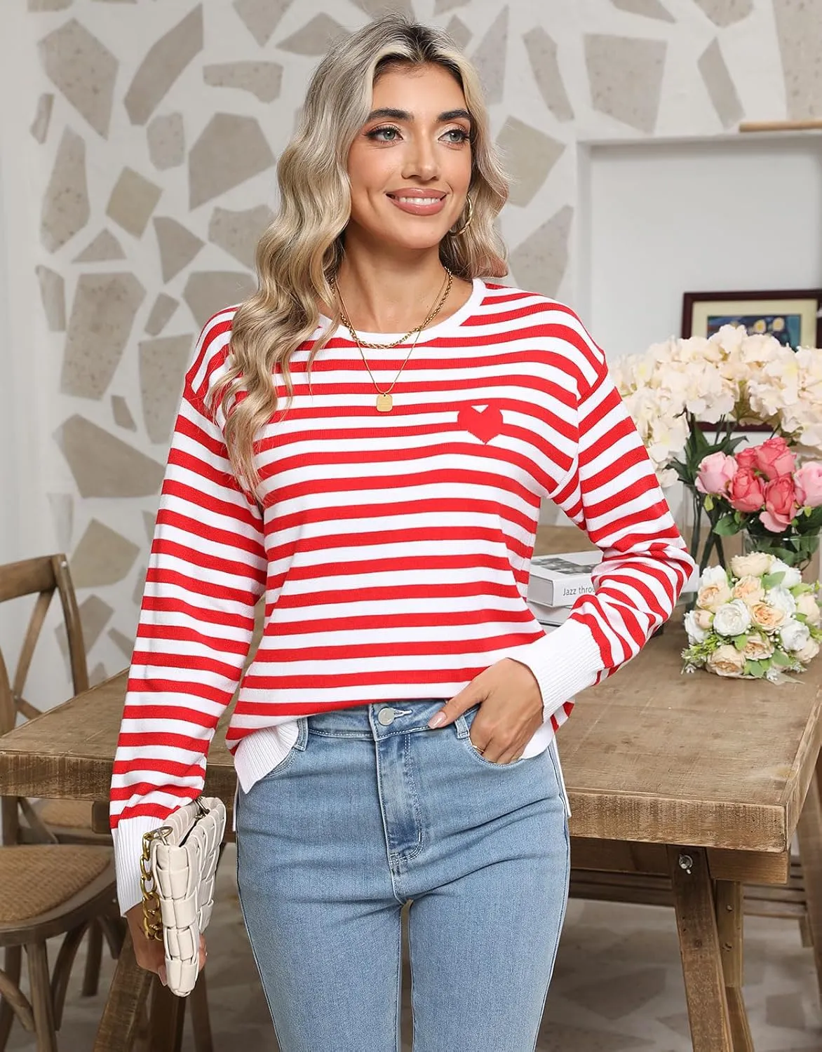 shermie Womens Stripes Sweaters Long Sleeve Crew Neck Casual Cute Heart Knitted Pullover Sweater