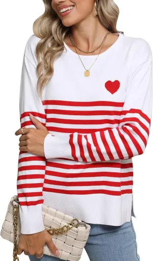 shermie Womens Stripes Sweaters Long Sleeve Crew Neck Casual Cute Heart Knitted Pullover Sweater