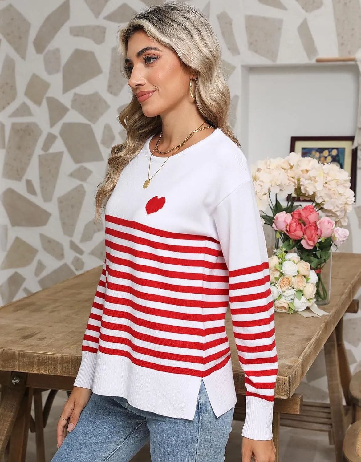 shermie Womens Stripes Sweaters Long Sleeve Crew Neck Casual Cute Heart Knitted Pullover Sweater