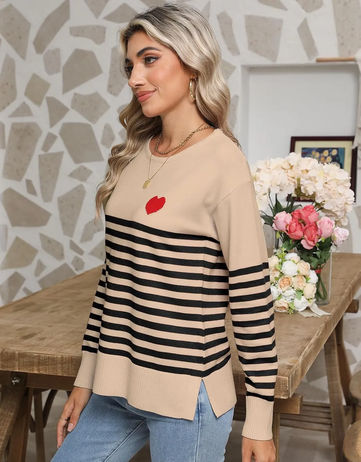 shermie Womens Stripes Sweaters Long Sleeve Crew Neck Casual Cute Heart Knitted Pullover Sweater
