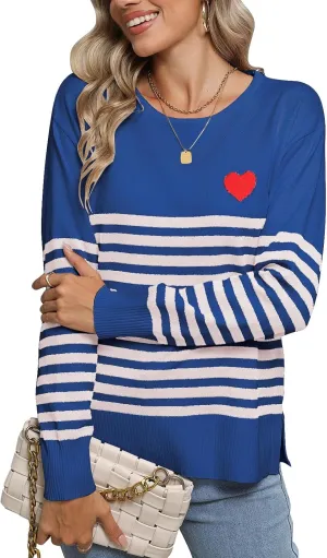 shermie Womens Stripes Sweaters Long Sleeve Crew Neck Casual Cute Heart Knitted Pullover Sweater