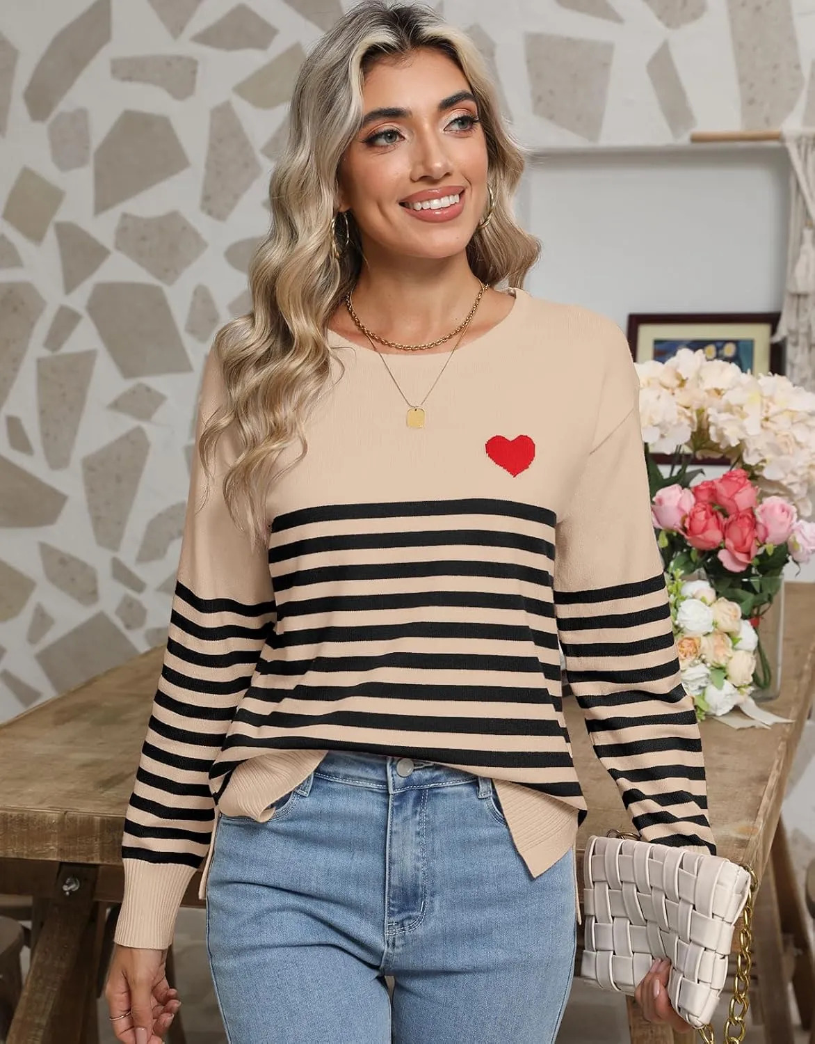 shermie Womens Stripes Sweaters Long Sleeve Crew Neck Casual Cute Heart Knitted Pullover Sweater