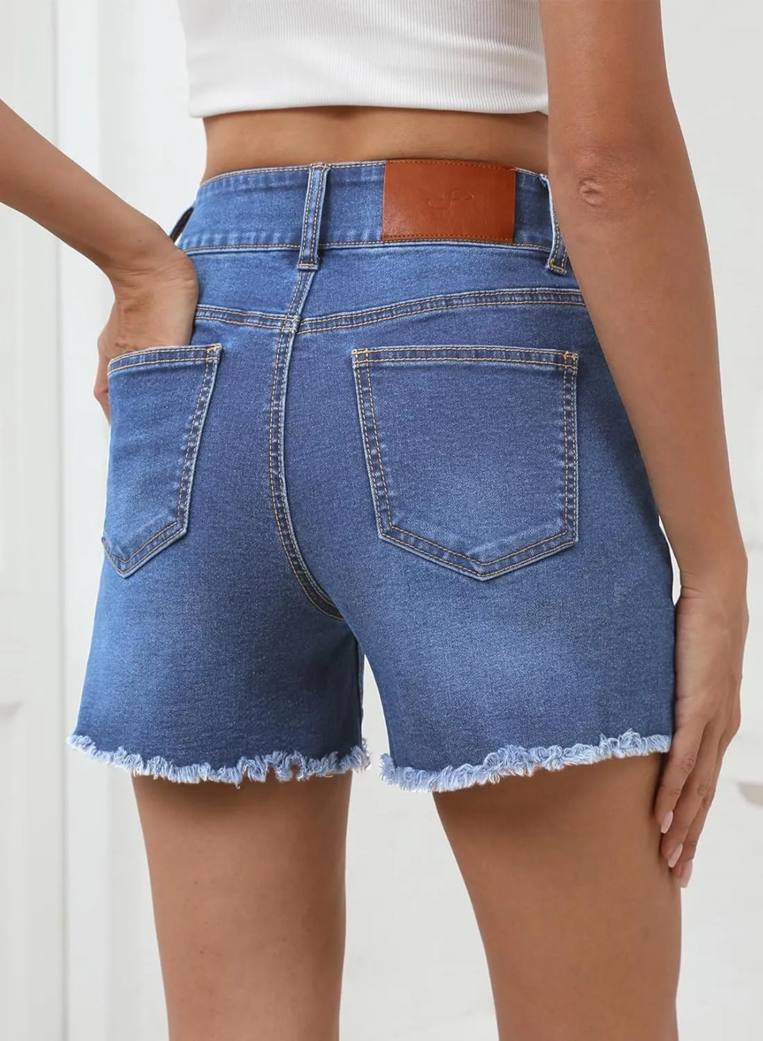 Sidefeel Women's Jean Shorts High Waisted Casual Stretchy Raw Hem Zimbaplatinum Jeans Summer Denim Shorts with Pockets