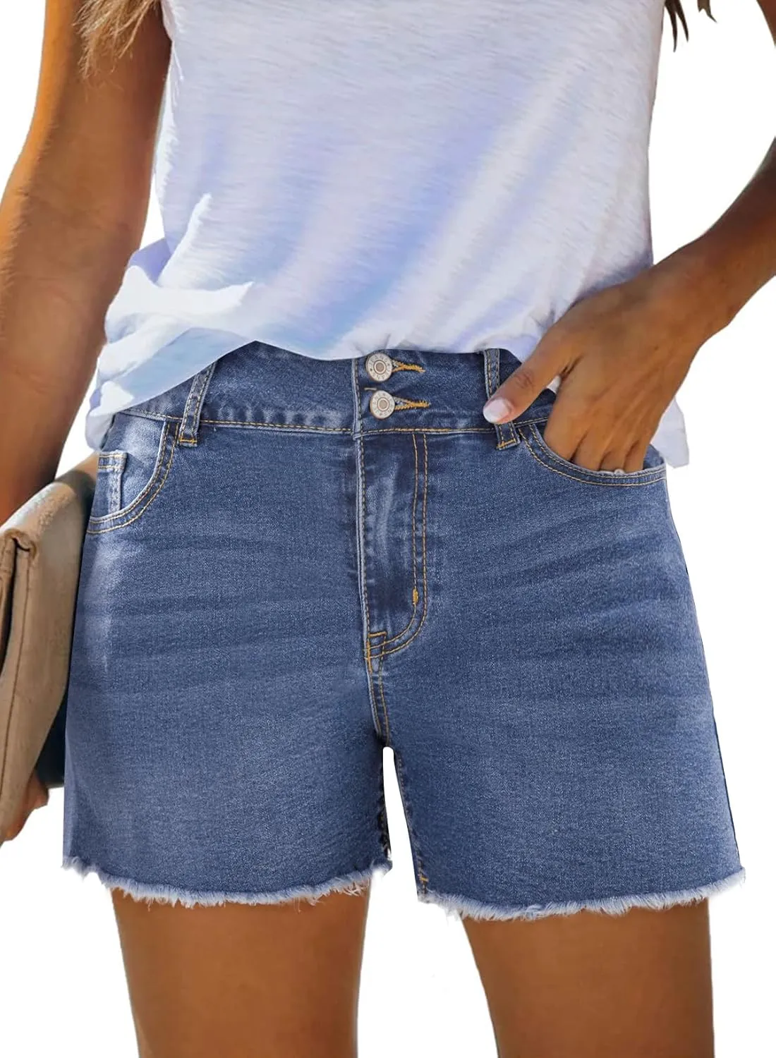 Sidefeel Women's Jean Shorts High Waisted Casual Stretchy Raw Hem Zimbaplatinum Jeans Summer Denim Shorts with Pockets