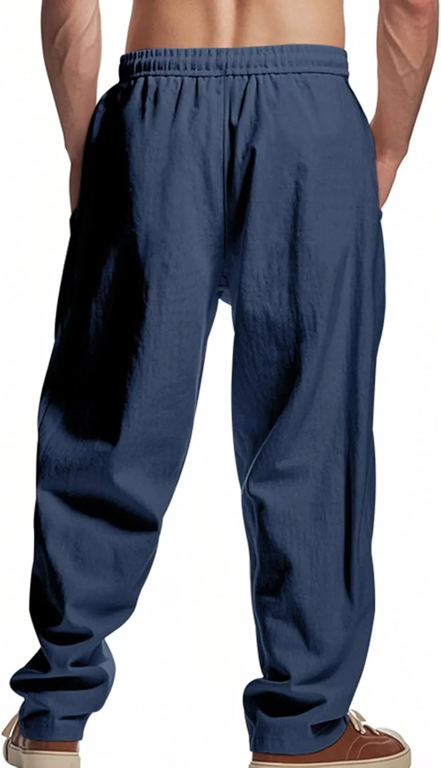 Sinzelimin Men's Cotton Linen Pants Drawstring Elastic Waist Baggy Casual Comfy Wide Leg Sweatpant Summer Beach Trouser