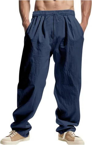 Sinzelimin Men's Cotton Linen Pants Drawstring Elastic Waist Baggy Casual Comfy Wide Leg Sweatpant Summer Beach Trouser