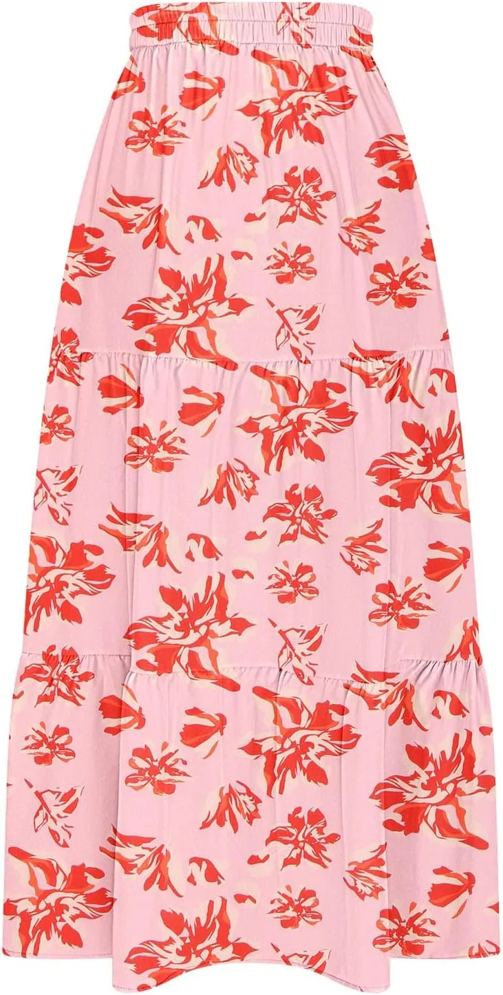 Skirts for Women Boho Floral Print Maxi Skirts Plus Size Side Slit Flowy Skirt Midi Length Chiffon Dress with Pockets