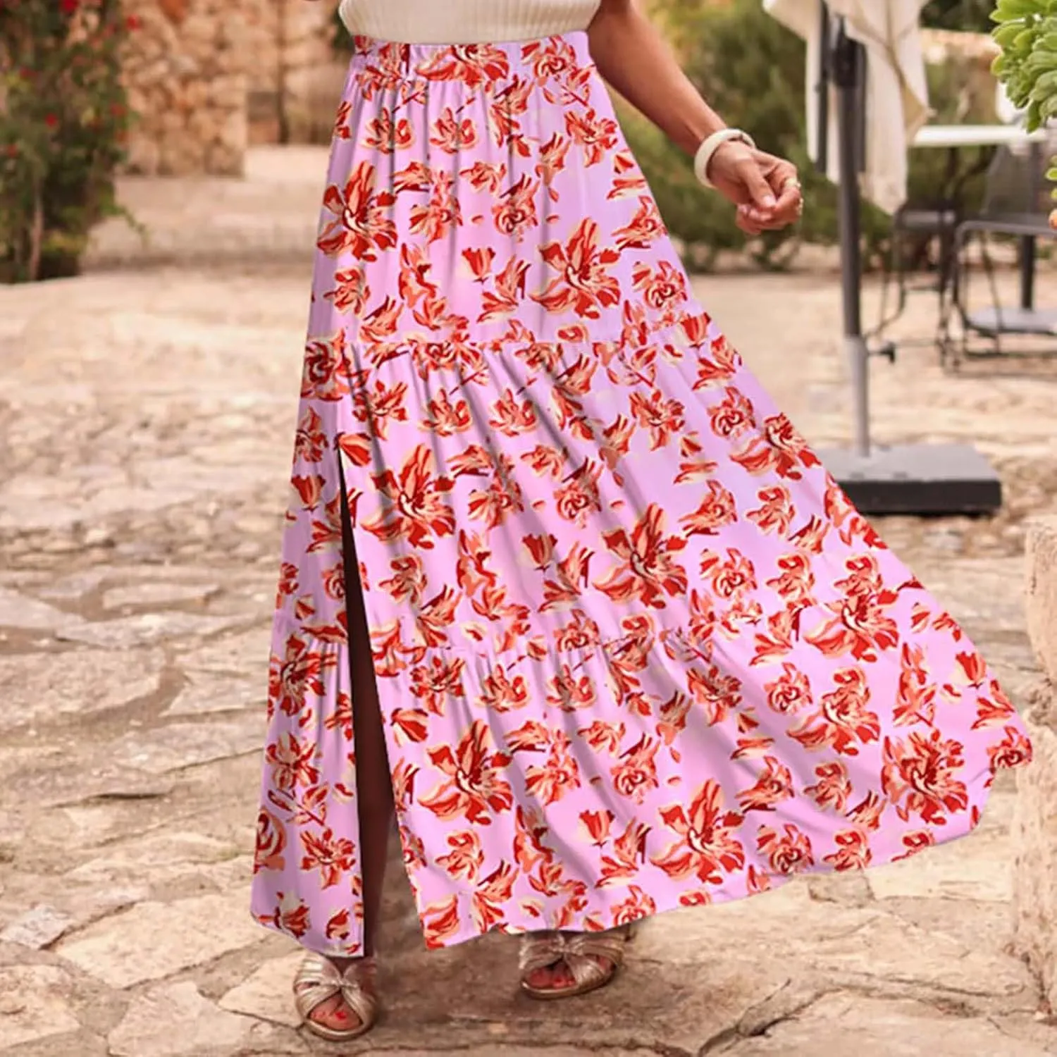 Skirts for Women Boho Floral Print Maxi Skirts Plus Size Side Slit Flowy Skirt Midi Length Chiffon Dress with Pockets
