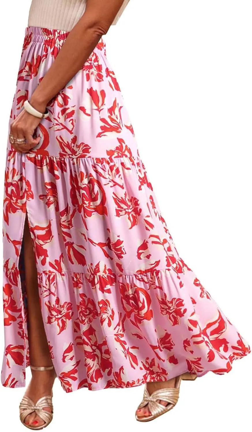Skirts for Women Boho Floral Print Maxi Skirts Plus Size Side Slit Flowy Skirt Midi Length Chiffon Dress with Pockets