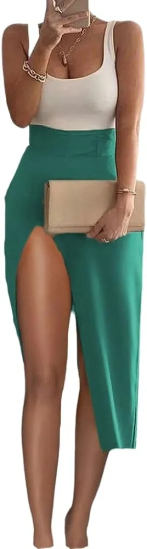 Skirts for Women Trendy High Slit Skirt Solid High Waisted Ruched Split Thigh Bodycon Midi Skirt