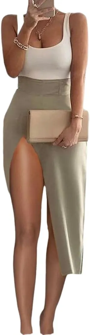 Skirts for Women Trendy High Slit Skirt Solid High Waisted Ruched Split Thigh Bodycon Midi Skirt