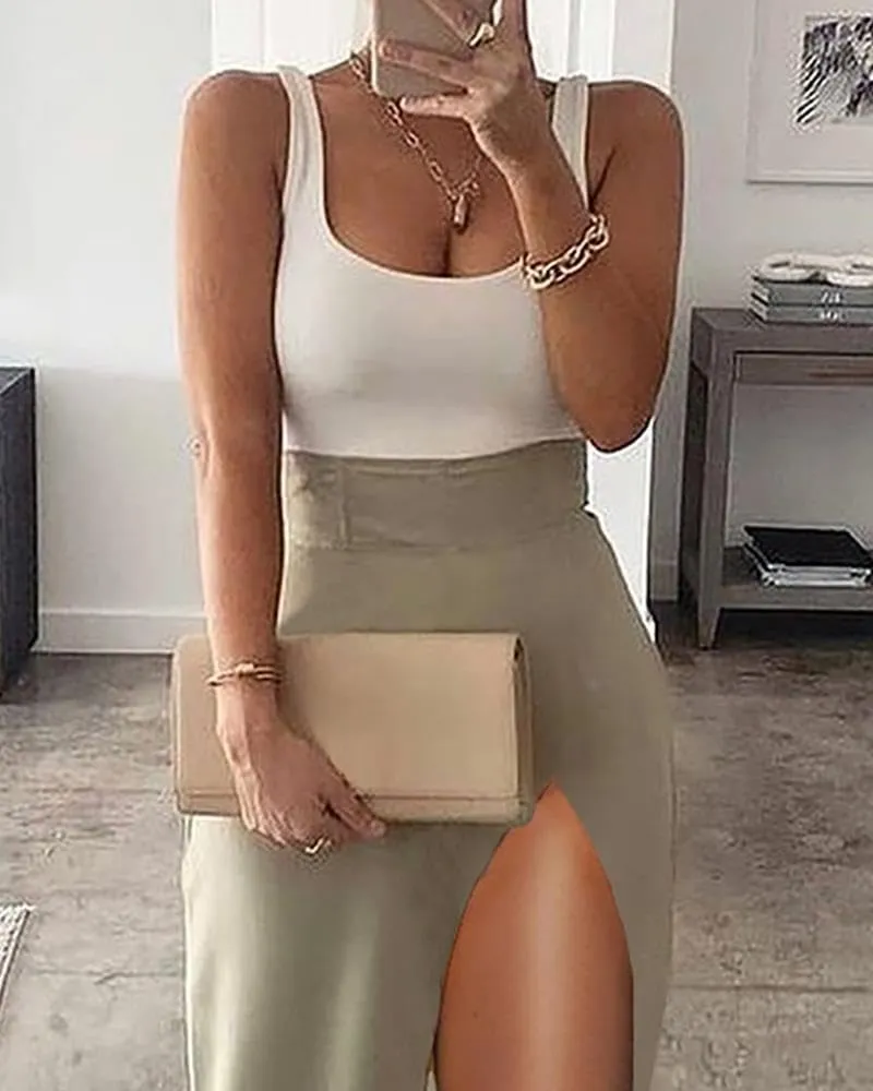 Skirts for Women Trendy High Slit Skirt Solid High Waisted Ruched Split Thigh Bodycon Midi Skirt