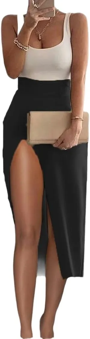 Skirts for Women Trendy High Slit Skirt Solid High Waisted Ruched Split Thigh Bodycon Midi Skirt