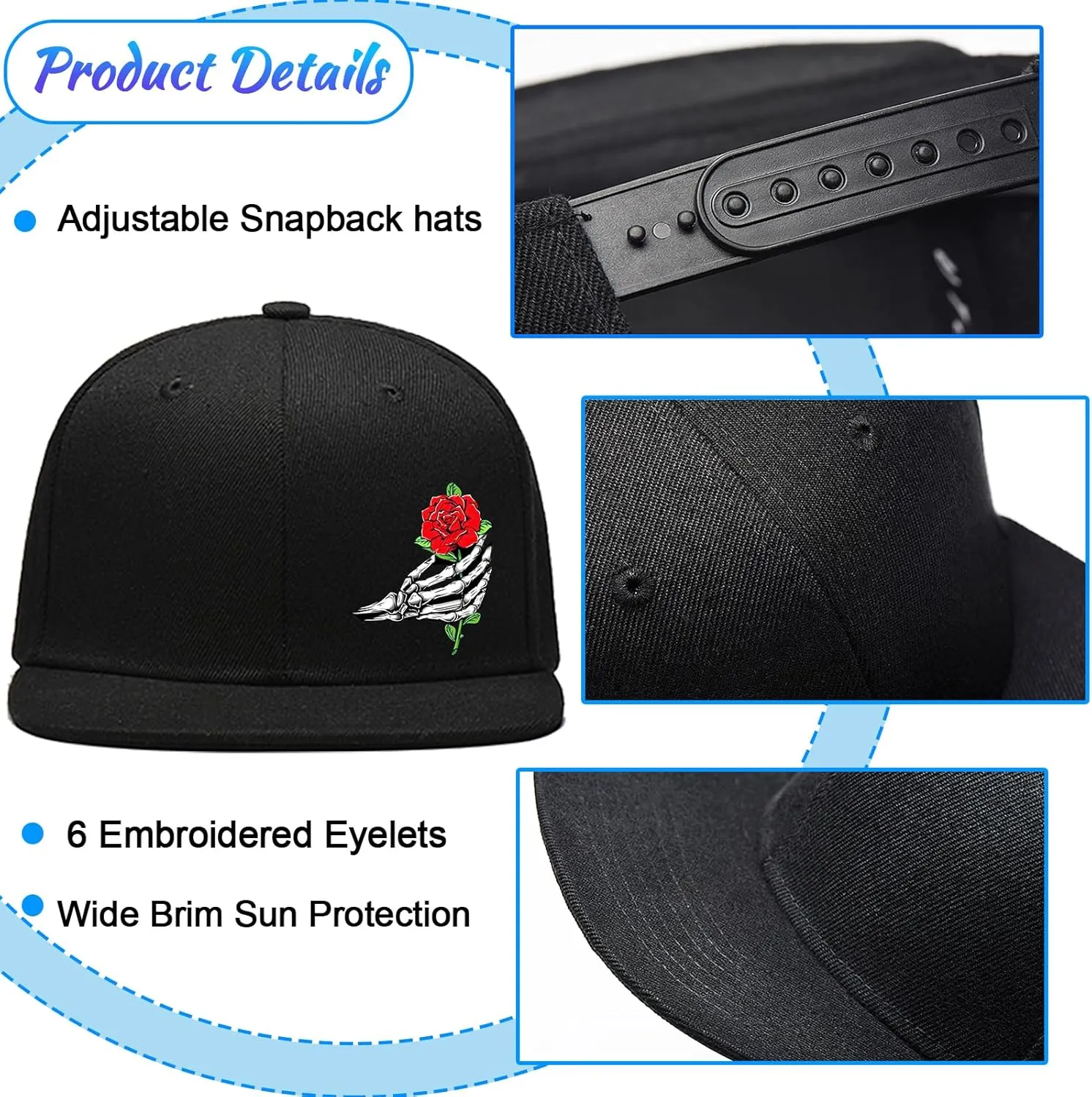 Snapback Hats for Men Flat Bill Brim Hats Fitted Black Baseball Cap for Men Cool Hip Hop Hat Mens Trucker Cap