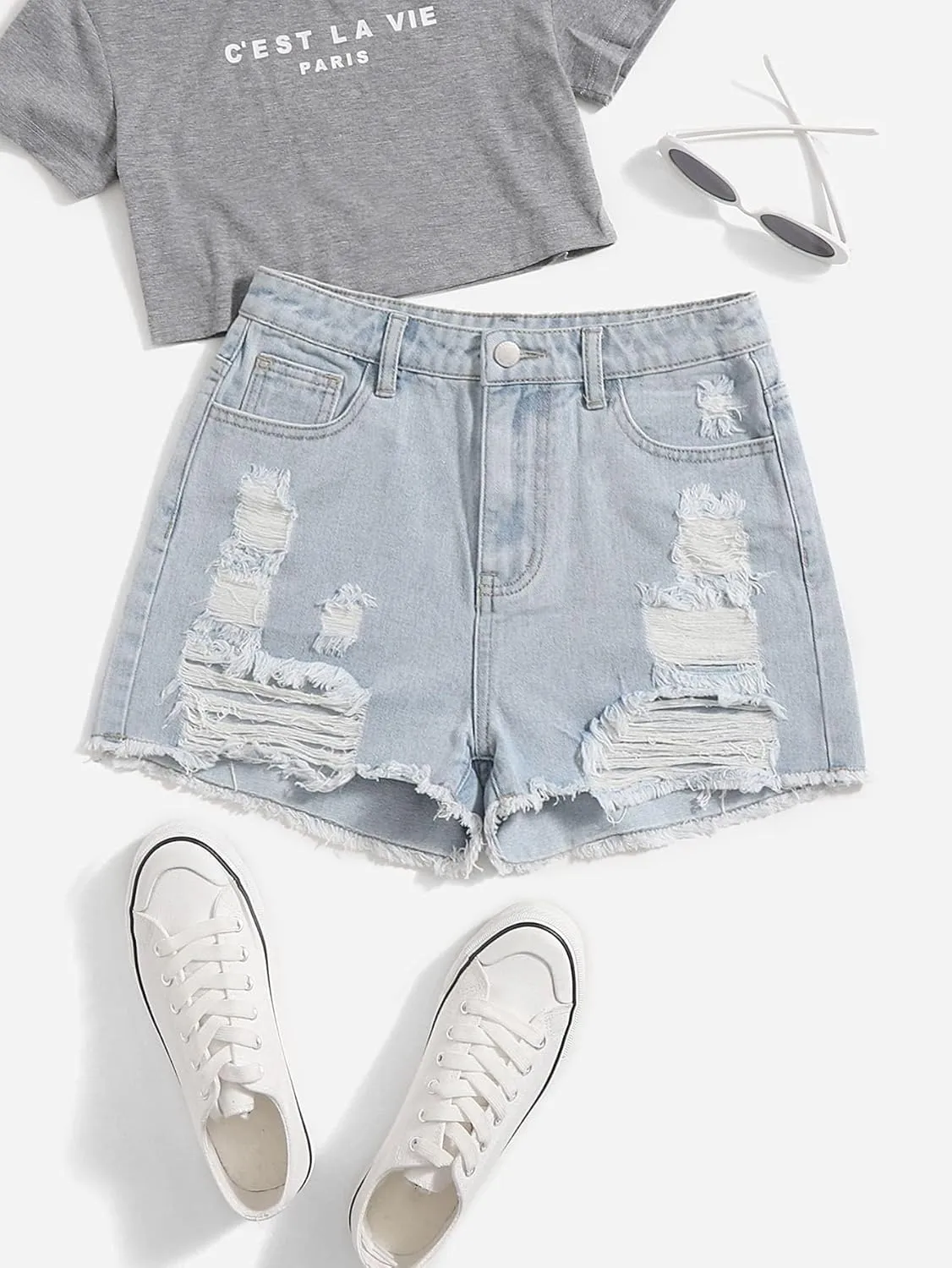 SOLY HUX Girl's Ripped Raw Hem Denim Shorts High Waisted Straight Leg Summer Jeans Shorts