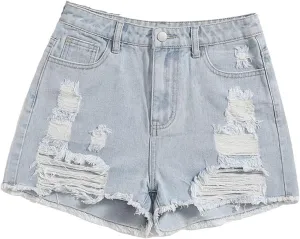 SOLY HUX Girl's Ripped Raw Hem Denim Shorts High Waisted Straight Leg Summer Jeans Shorts