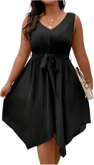 SOLY HUX Women's Plus Size Color Block Dress V Neck Sleeveless A Line Asymmetrical Hem Belted Dresses