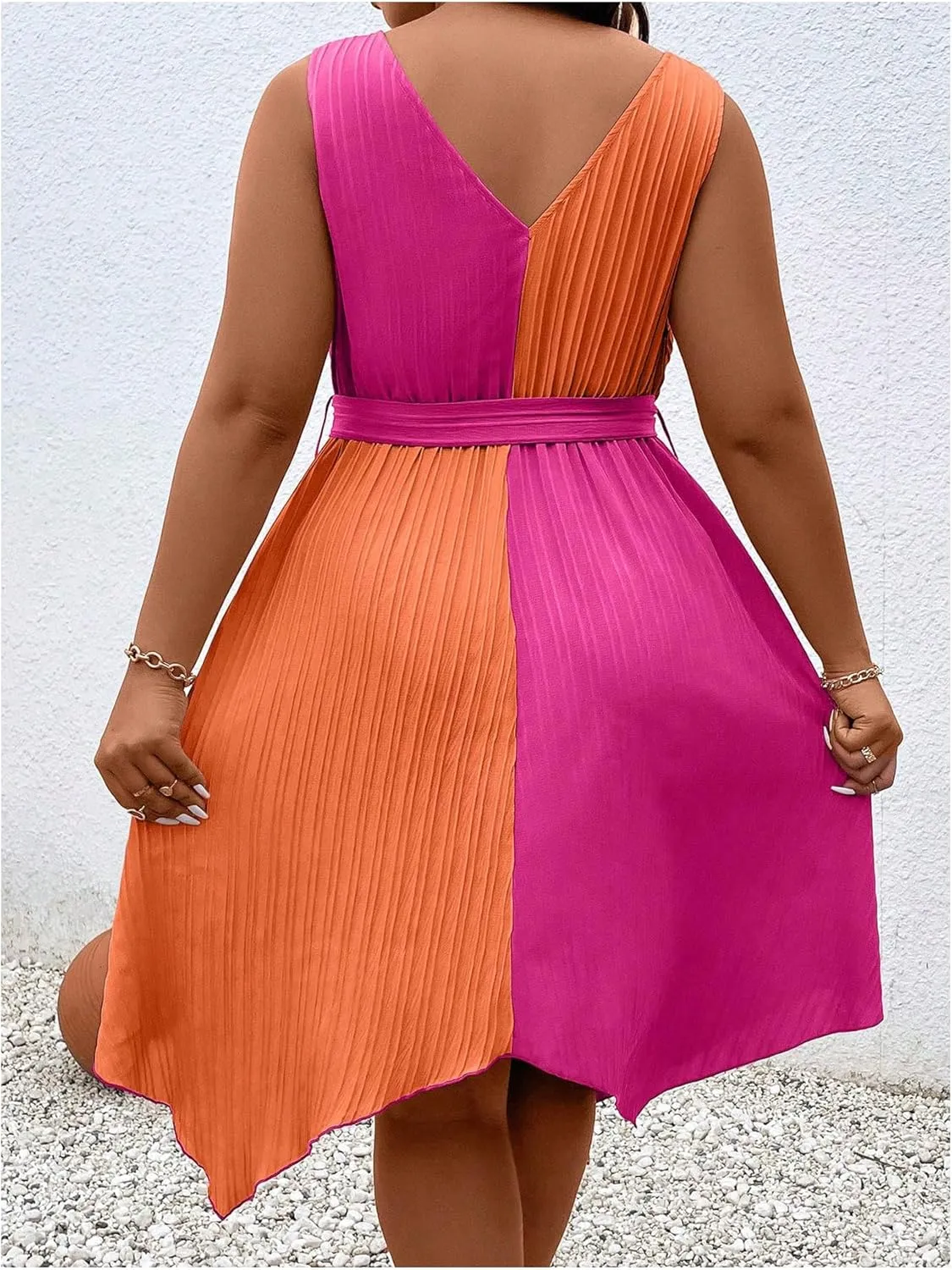 SOLY HUX Women's Plus Size Color Block Dress V Neck Sleeveless A Line Asymmetrical Hem Belted Dresses