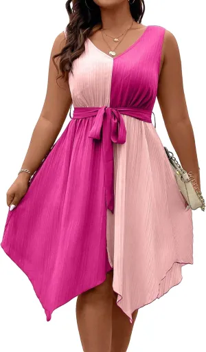 SOLY HUX Women's Plus Size Color Block Dress V Neck Sleeveless A Line Asymmetrical Hem Belted Dresses