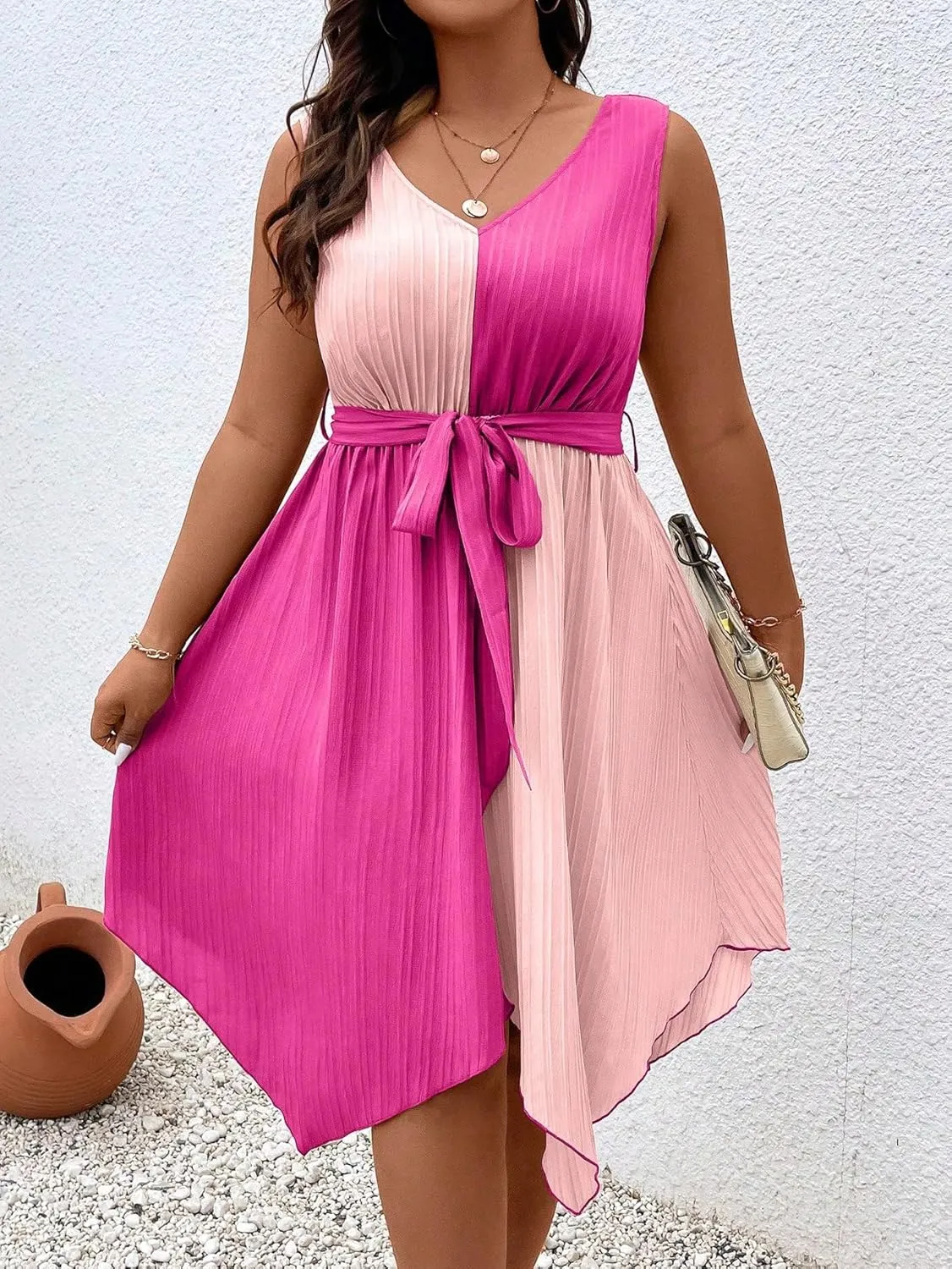 SOLY HUX Women's Plus Size Color Block Dress V Neck Sleeveless A Line Asymmetrical Hem Belted Dresses
