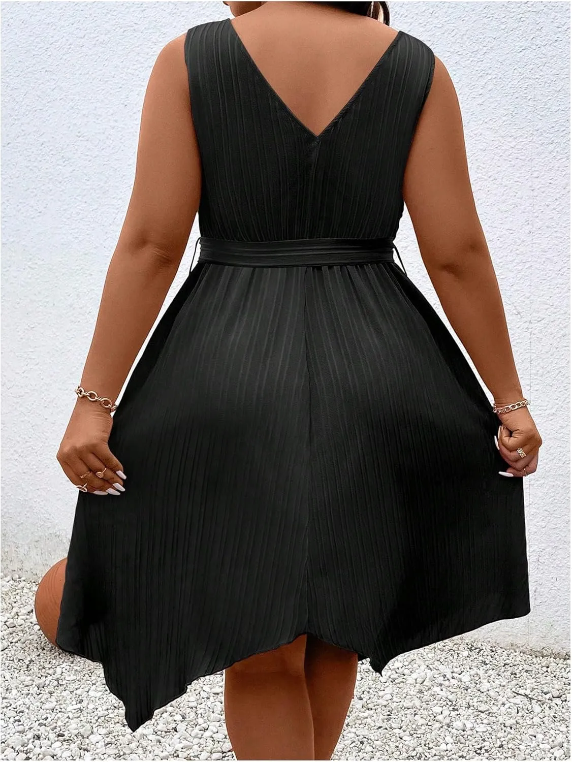 SOLY HUX Women's Plus Size Color Block Dress V Neck Sleeveless A Line Asymmetrical Hem Belted Dresses