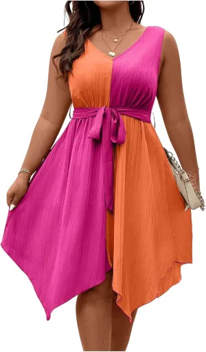 SOLY HUX Women's Plus Size Color Block Dress V Neck Sleeveless A Line Asymmetrical Hem Belted Dresses