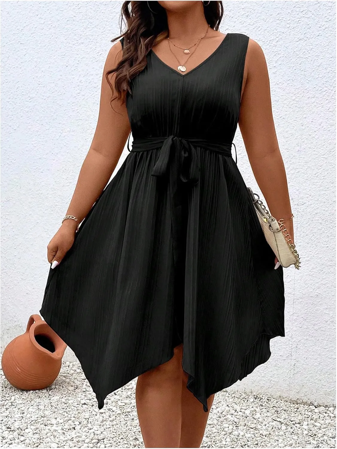 SOLY HUX Women's Plus Size Color Block Dress V Neck Sleeveless A Line Asymmetrical Hem Belted Dresses