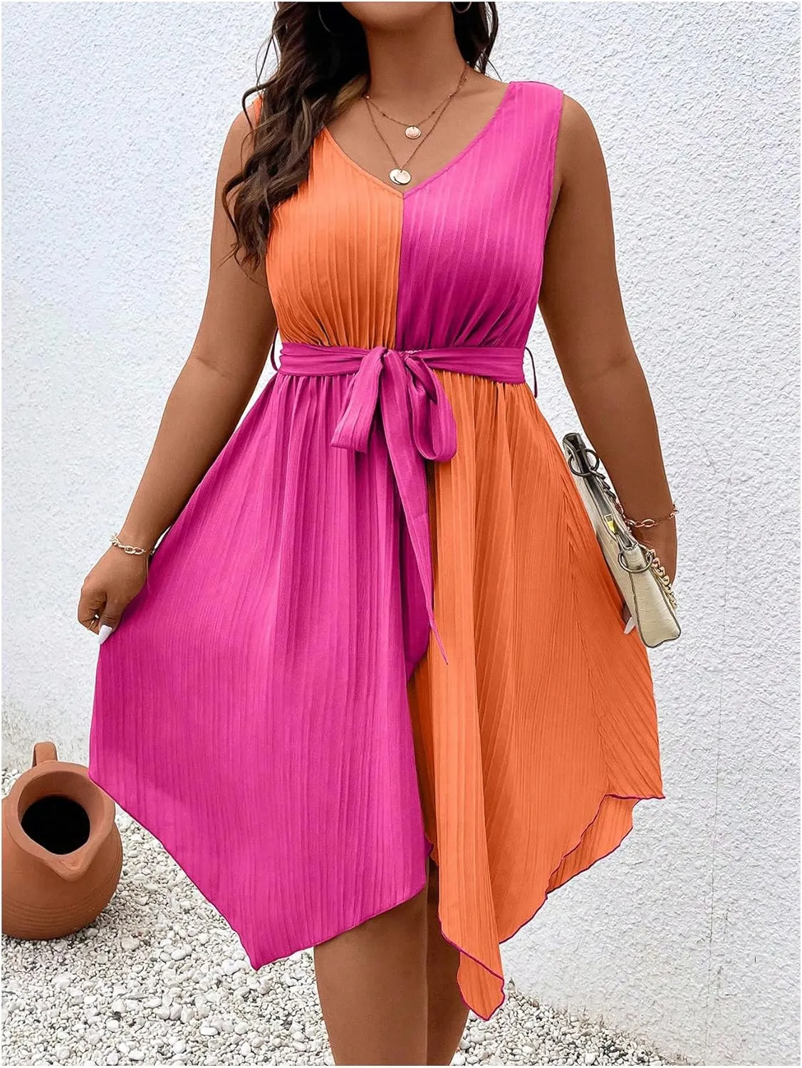 SOLY HUX Women's Plus Size Color Block Dress V Neck Sleeveless A Line Asymmetrical Hem Belted Dresses