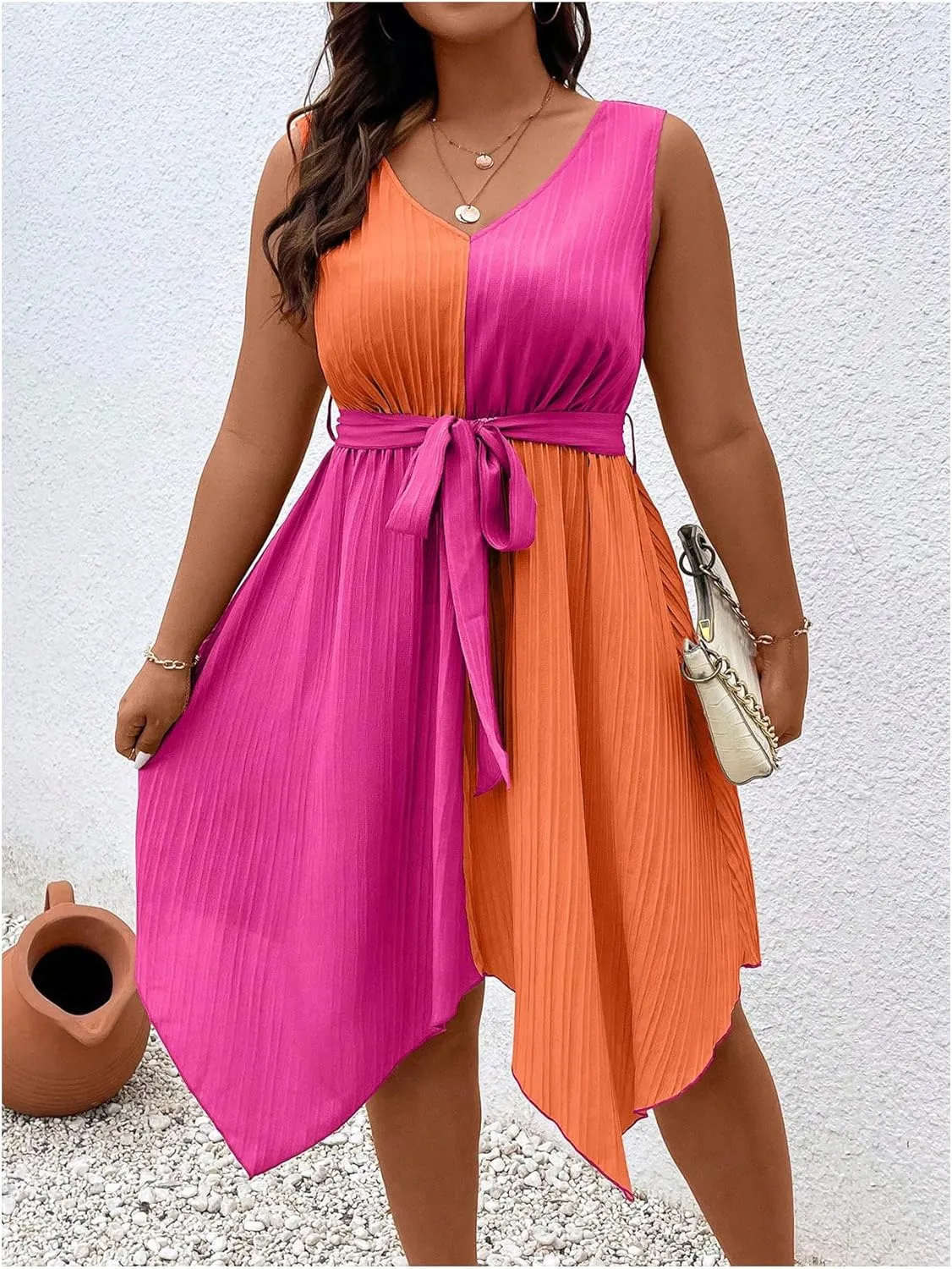 SOLY HUX Women's Plus Size Color Block Dress V Neck Sleeveless A Line Asymmetrical Hem Belted Dresses