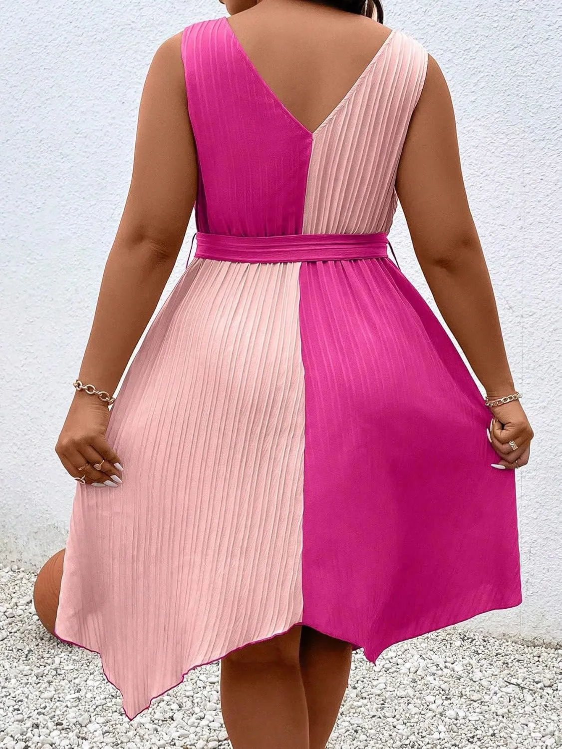 SOLY HUX Women's Plus Size Color Block Dress V Neck Sleeveless A Line Asymmetrical Hem Belted Dresses