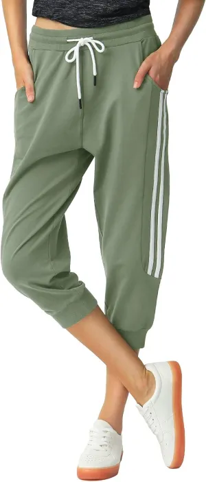 SPECIALMAGIC Capri Sweatpants for Women Capri Joggers Sports Pants Cropped Joggers with Pockets Running Sage Green XL