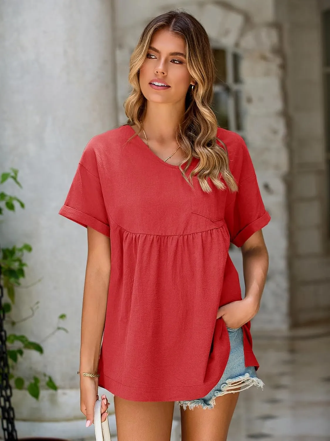 Tankaneo Womens V Neck Babydoll Tops Summer Short Sleeve Oversized Tshirts Casual Loose Fit Peplum Tunic Shirts