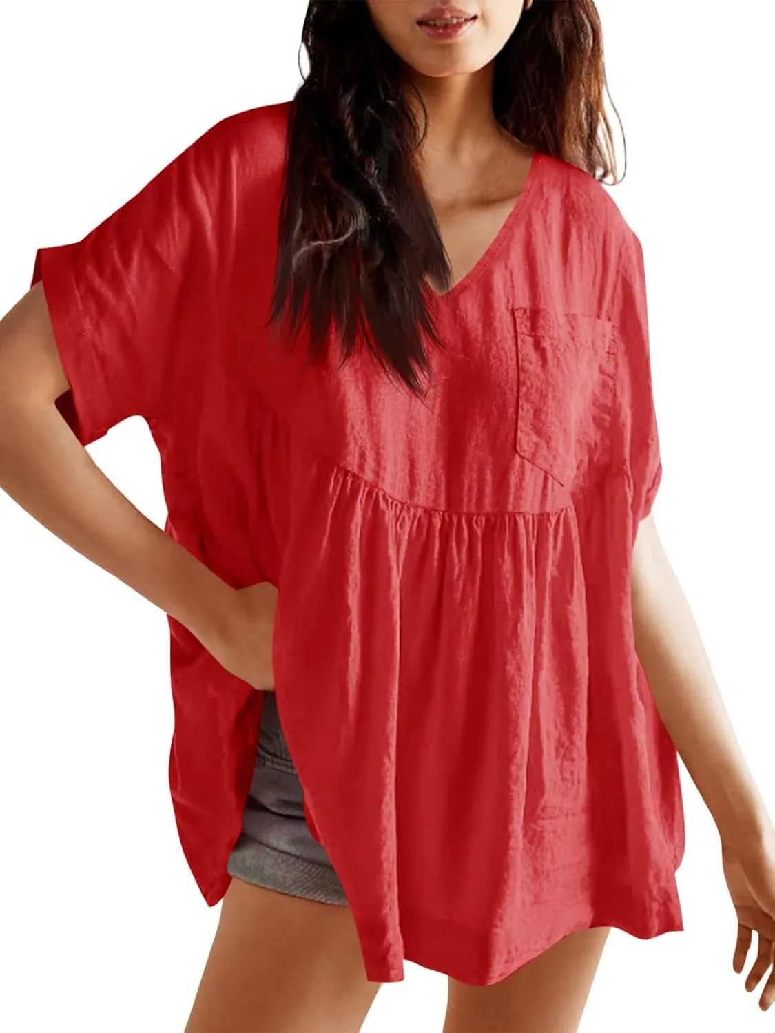 Tankaneo Womens V Neck Babydoll Tops Summer Short Sleeve Oversized Tshirts Casual Loose Fit Peplum Tunic Shirts