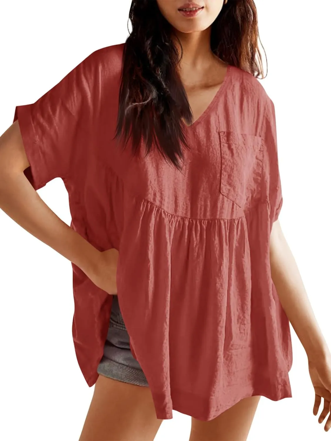 Tankaneo Womens V Neck Babydoll Tops Summer Short Sleeve Oversized Tshirts Casual Loose Fit Peplum Tunic Shirts