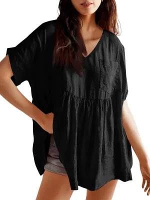 Tankaneo Womens V Neck Babydoll Tops Summer Short Sleeve Oversized Tshirts Casual Loose Fit Peplum Tunic Shirts
