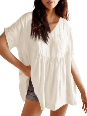 Tankaneo Womens V Neck Babydoll Tops Summer Short Sleeve Oversized Tshirts Casual Loose Fit Peplum Tunic Shirts