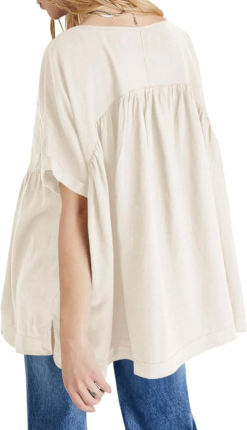 Tankaneo Womens V Neck Babydoll Tops Summer Short Sleeve Oversized Tshirts Casual Loose Fit Peplum Tunic Shirts