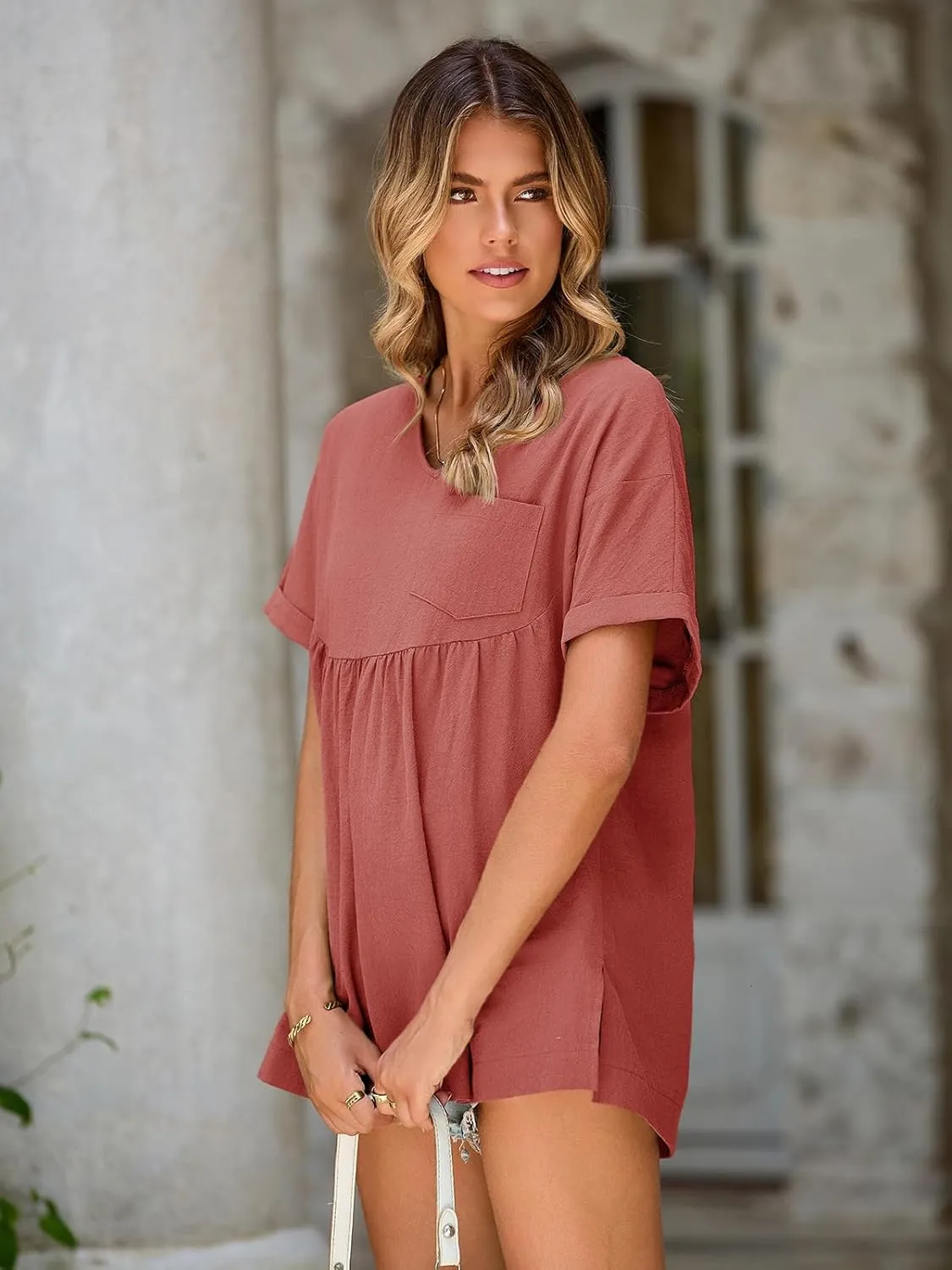 Tankaneo Womens V Neck Babydoll Tops Summer Short Sleeve Oversized Tshirts Casual Loose Fit Peplum Tunic Shirts