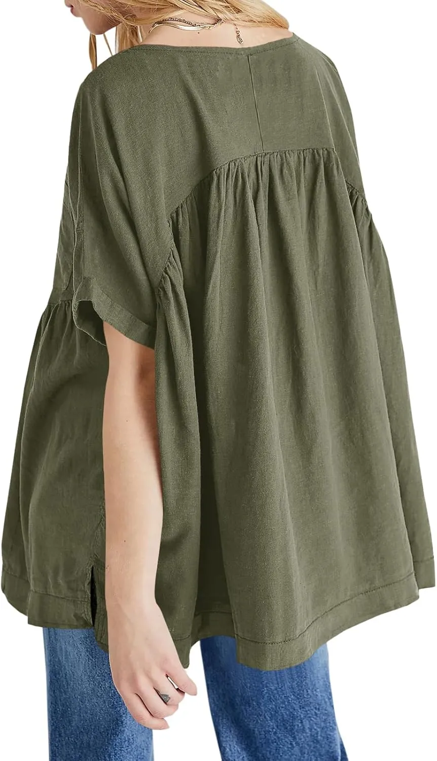 Tankaneo Womens V Neck Babydoll Tops Summer Short Sleeve Oversized Tshirts Casual Loose Fit Peplum Tunic Shirts